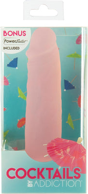 Peach-colored silicone dong with suction base in clear box featuring tropical umbrella design and bonus PowerBullet included.
