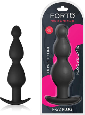 Black silicone FORTO F-52 Cone Beads anal plug with flared base shown outside and in packaging.