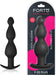 Black silicone FORTO F-52 Cone Beads anal plug with flared base shown outside and in packaging.