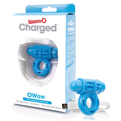 Blue Charged OWow rechargeable vibrating textured ring with USB charging cable and packaging box.