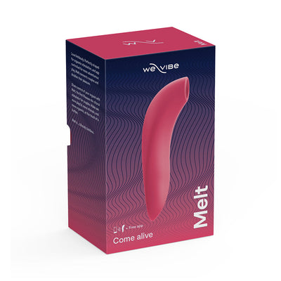 We-Vibe Melt clitoral suction stimulator in pink displayed on its purple and pink gradient packaging box.