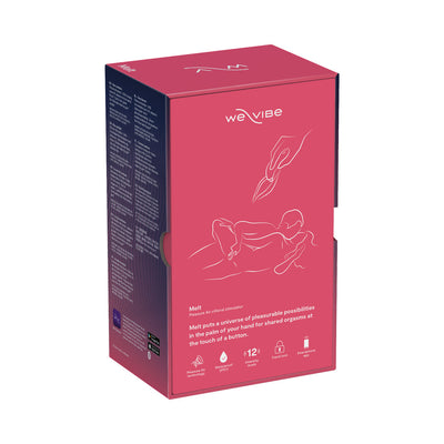 We-Vibe Melt clitoral stimulator packaging in pink and navy with product features and line art of a couple.