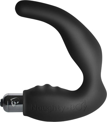 Black curved prostate and perineum stimulator with a smooth matte finish and removable bullet vibrator.