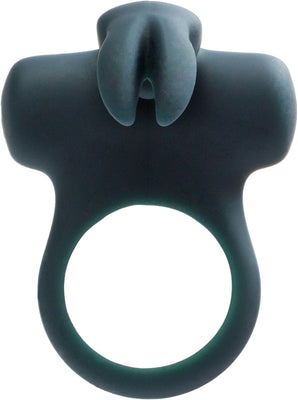 Black silicone vibrating ring with bunny ear design for dual stimulation and performance enhancement.