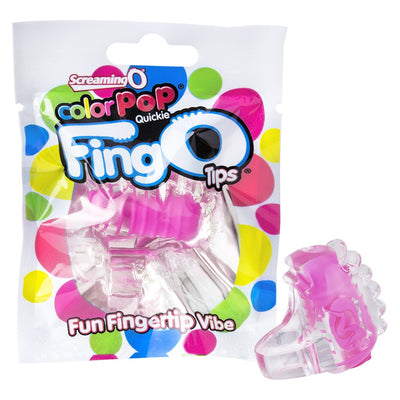 Color Pop Fing O Tip finger vibrator in pink with clear strap, shown in colorful retail packaging and outside the package.