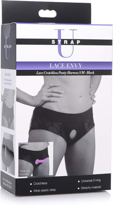 Packaging box for Lace Envy black crotchless panty harness showing front and side views of the product worn on a model.