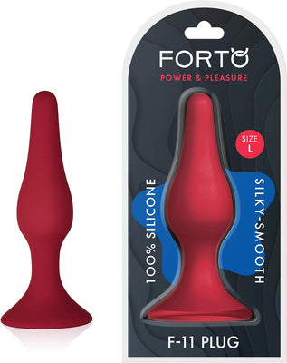 Red silicone FORTO F-11 Lungo anal plug with tapered shape and flared base, shown with packaging.