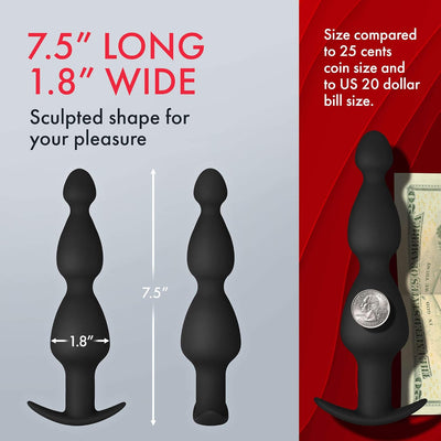 Black silicone FORTO F-52 Cone Beads with sculpted shape, 7.5 inches long and 1.8 inches wide, shown with size comparison.