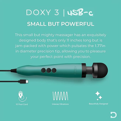 Turquoise Doxy USB-C wand massager with 10-foot cord, precision tip, and control buttons on a teal background.