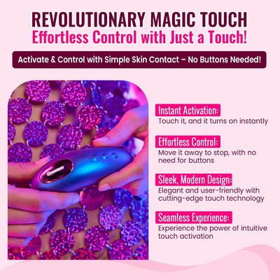 Hands holding a sleek, iridescent blue Love To Love Dreamer device with text highlighting effortless touch activation and control features.