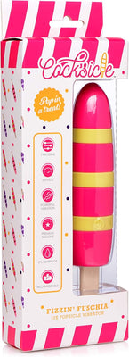 Packaging of Cocksicle 10x Silicone Rechargeable Vibrator in bright pink and yellow popsicle design with product features listed on the box.
