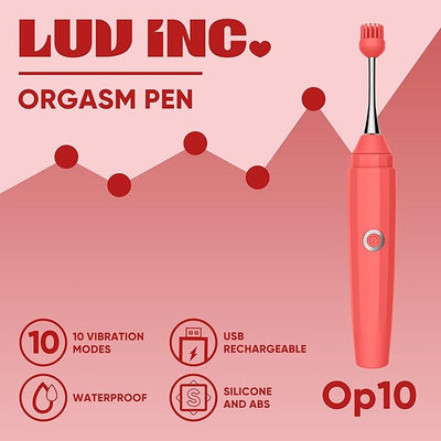 Coral-colored Luv Inc OP10 Orgasm Pen with brush-like tip, highlighting 10 vibration modes, waterproof, USB rechargeable, and silicone ABS material.