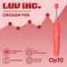 Coral-colored Luv Inc OP10 Orgasm Pen with brush-like tip, highlighting 10 vibration modes, waterproof, USB rechargeable, and silicone ABS material.