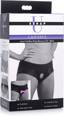 Packaging of Lace Envy black crotchless panty harness featuring a model wearing the product with key features listed.
