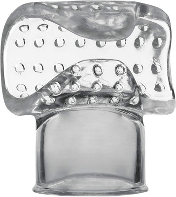 Clear textured Vibra-stroke stroker attachment designed to fit standard massage wands for enhanced stimulation.