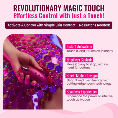 Hand holding a sleek, berry-colored Love To Love Dreamer device with touch activation, against a sparkling sequin background.