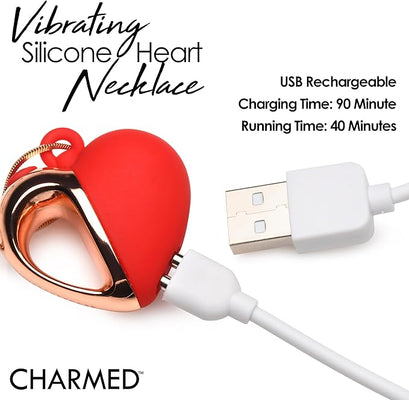 Red silicone heart necklace with rose gold handle, shown with USB charging cable for rechargeable use.