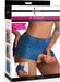 Packaging of Strap U Booty Shorts harness in large size with blue silicone shorts and realistic 6-inch dildo.