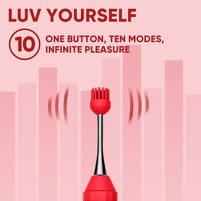 Close-up of the Luv Inc OP10 Orgasm Pen's red textured tip highlighting its 10 vibration modes with a pink background.
