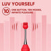 Close-up of the Luv Inc OP10 Orgasm Pen's red textured tip highlighting its 10 vibration modes with a pink background.