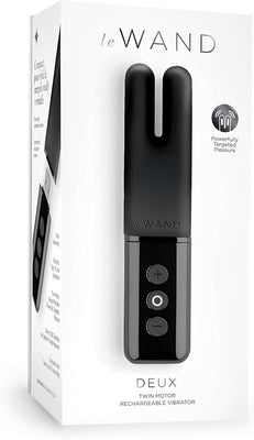 Le Wand Deux twin motor rechargeable mini vibrator in black with plus, power, and minus buttons on packaging box.
