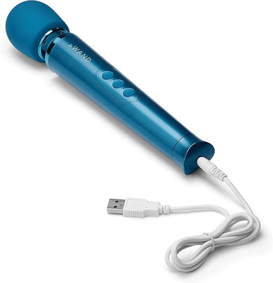 Blue Le Wand Petite rechargeable massager with USB charging cable on a white background.