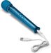 Blue Le Wand Petite rechargeable massager with USB charging cable on a white background.