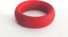 Red flexible cock ring with smooth surface and thick width, designed for comfortable all-day wear.