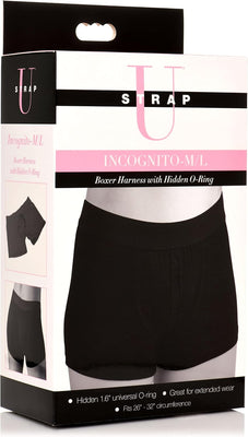 Packaging box for Incognito Boxer Harness with Hidden O-ring, showing black boxer shorts and product details.