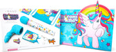 Le Wand Unicorn Wand 8-piece set with blue silicone attachment, colorful wand, unicorn-themed pouch, keychain, stickers, and guidebook.