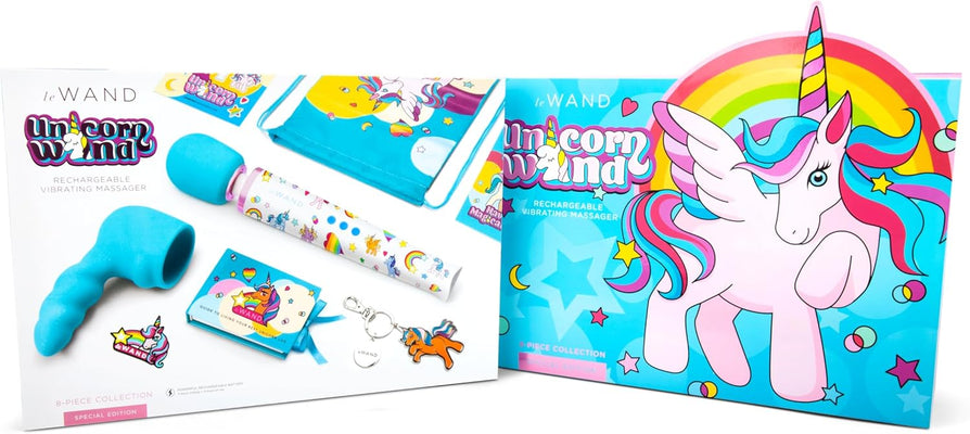 Le Wand Unicorn Wand 8-piece set with blue silicone attachment, colorful wand, unicorn-themed pouch, keychain, stickers, and guidebook.