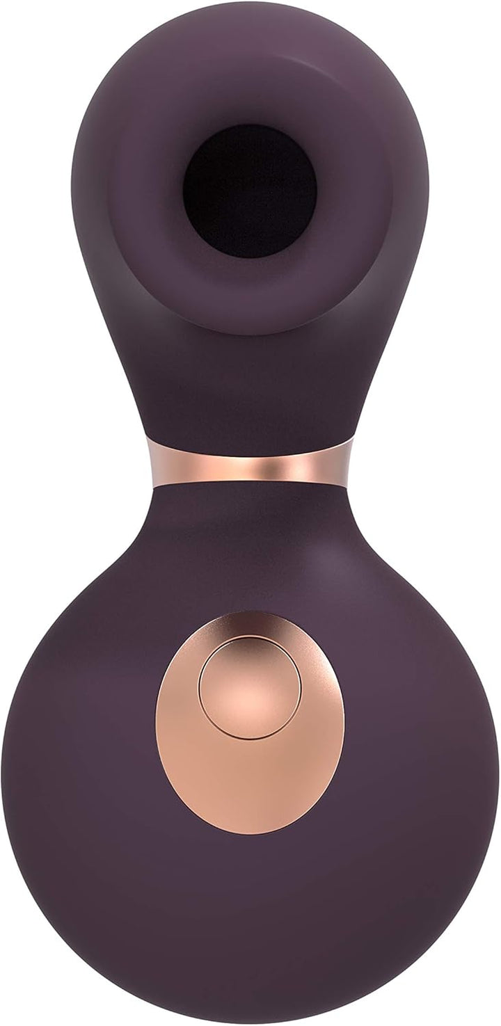 Purple ergonomic clitoral vibrator with rose gold accents and a central control button, made of smooth silicone.