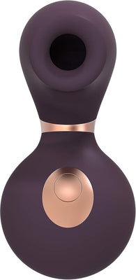 Purple ergonomic clitoral vibrator with rose gold accents and a central control button, made of smooth silicone.