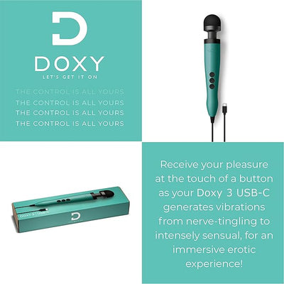 Doxy USB-C Wand in turquoise with control buttons and USB-C cable, shown with packaging and brand logo.