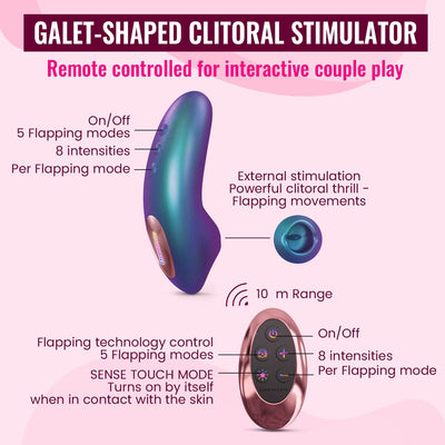 Iridescent galet-shaped clitoral stimulator with remote control featuring 5 flapping modes and 8 intensity levels for couple play.