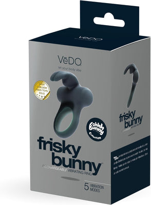 Packaging box of Frisky Bunny rechargeable vibrating ring with 5 vibration modes, featuring a sleek black design and bunny ears.