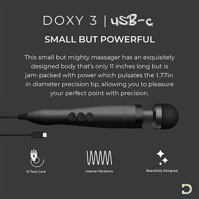 Doxy USB-C Wand in matte black with 10ft cord, featuring 1.77in precision tip and intense vibrations for targeted relief.