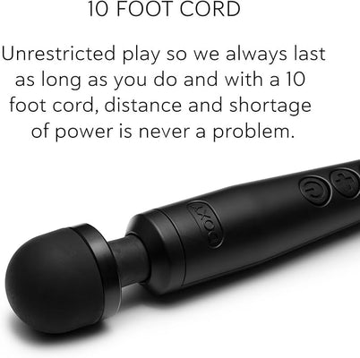 Close-up of sleek black Doxy USB-C Wand showing power and intensity buttons with text highlighting its 10-foot cord for unrestricted use.