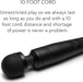 Close-up of sleek black Doxy USB-C Wand showing power and intensity buttons with text highlighting its 10-foot cord for unrestricted use.
