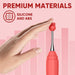 Hand hovering over the red Luv Inc OP10 Orgasm Pen highlighting its premium silicone and ABS materials.