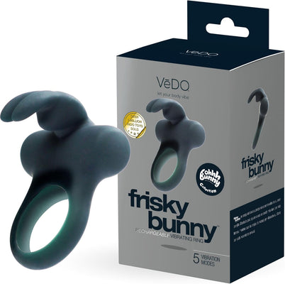 Black silicone rechargeable vibrating ring with bunny ears next to its branded packaging box.