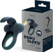 Black silicone rechargeable vibrating ring with bunny ears next to its branded packaging box.