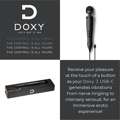 Doxy USB-C Wand personal massager in matte black with control buttons and 10ft USB-C cable, shown with packaging and branding text.