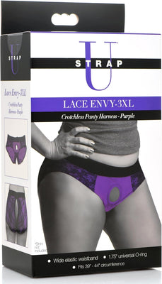 Packaging box of Lace Envy 3XL purple crotchless panty harness with wide elastic waistband and universal O-ring.