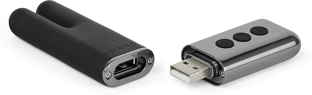 Le Wand Deux mini vibrator in black with detachable USB rechargeable remote control.