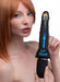 Woman holding black Master Series 10X Thrust Master dildo with ergonomic handle and 2.5-inch thrusting feature illustration.