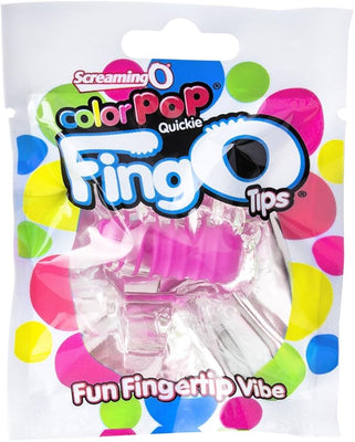 Color Pop Fing O Tip fingertip vibrator in pink with colorful polka dot packaging for discreet stimulation.