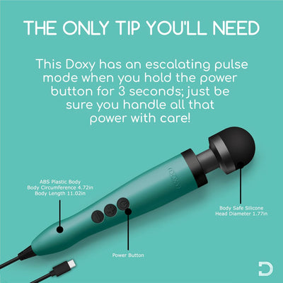 Turquoise Doxy USB-C wand massager with labeled buttons and silicone head on matching background.