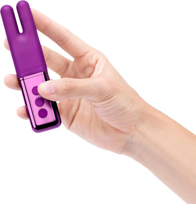 Hand holding a purple Le Wand Deux dual-ended mini vibrator with control buttons visible.
