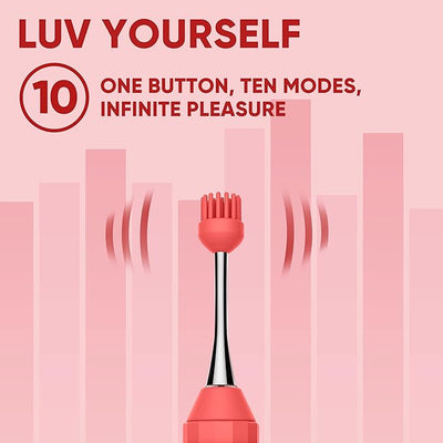 Close-up of Luv Inc OP10 Orgasm Pen tip with ten vibration modes highlighted on pink background.